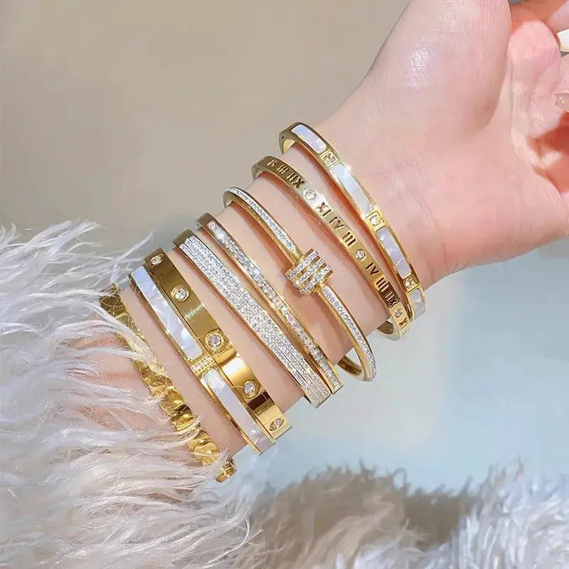 Elegant 8 Piece Stainless Steel Bracelet Set With Rhinestone Embellishments For Everyday And Holiday Wear