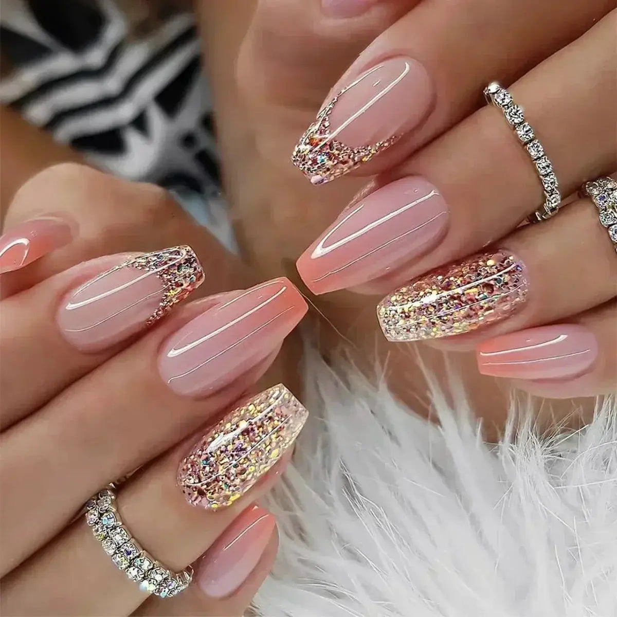 GlamNail Pro 24Pcs Short Square Coffin Press On Nails Set With Glue French Glitter Ballet Style