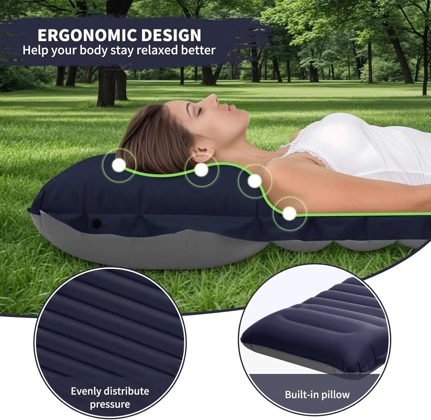 Simples Market extra-thick 4-inch camping sleeping pad with navy top, gray underside and built-in pillow