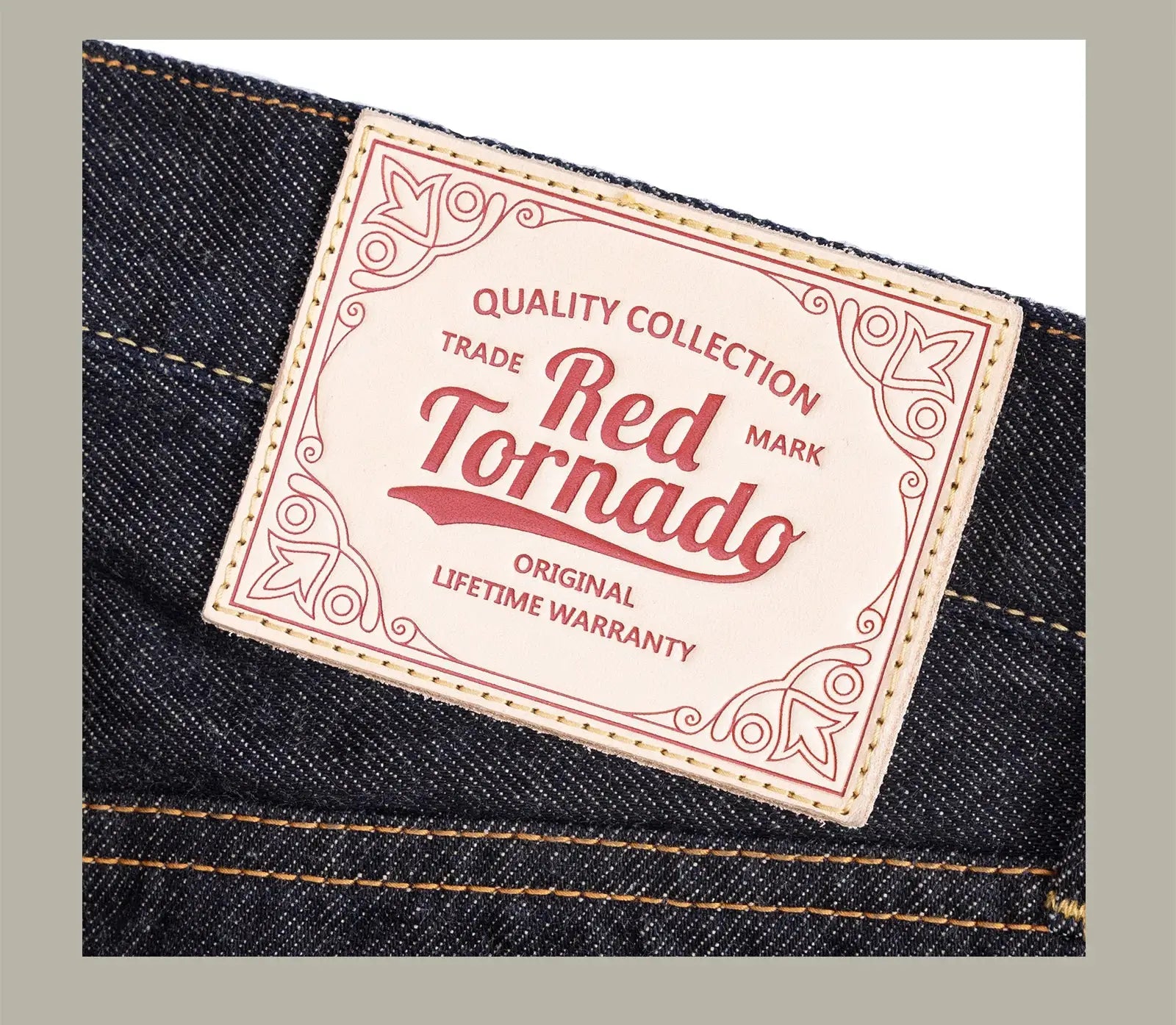 Denim jeans with Red Tornado patch on dark selvedge 12oz denim by Simples Market