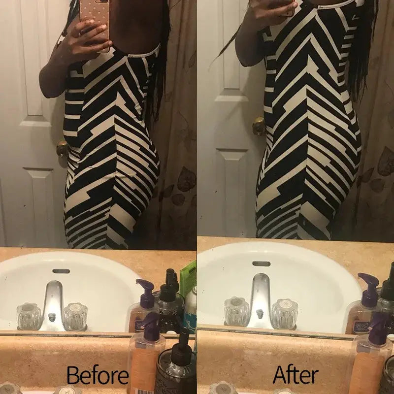 Dress in black-and-white geometric stripes; bathroom mirror selfie with before and after labels.