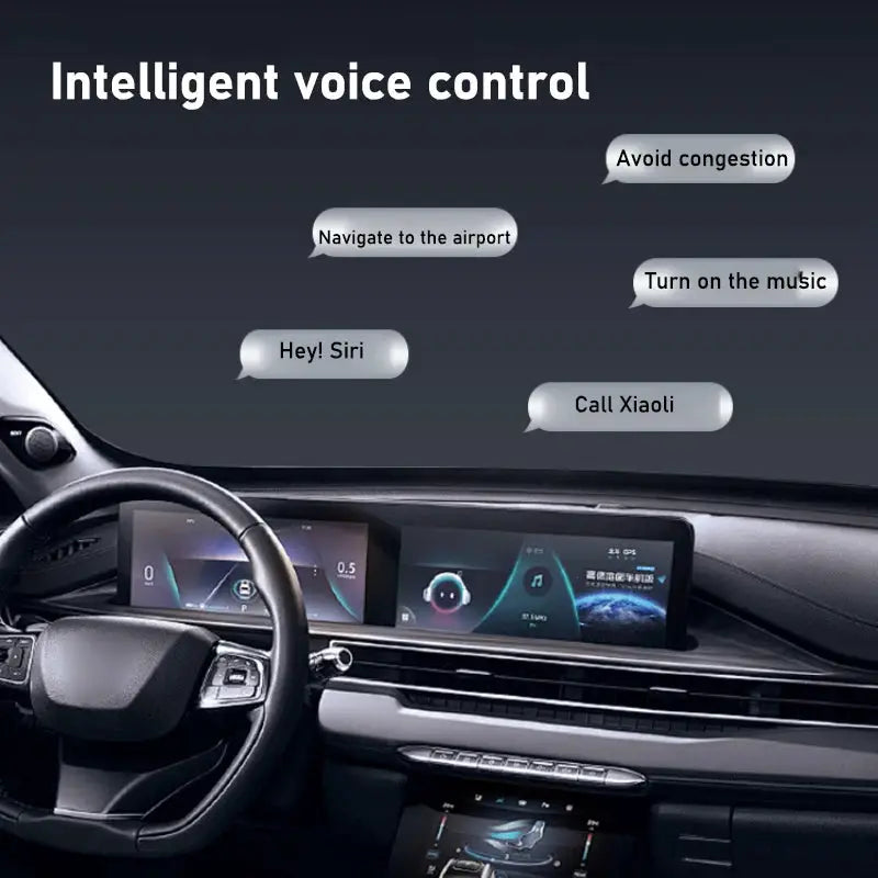 Simples Market 2-in-1 wireless Android Auto and CarPlay dongle for cars, shown in a modern car cabin.