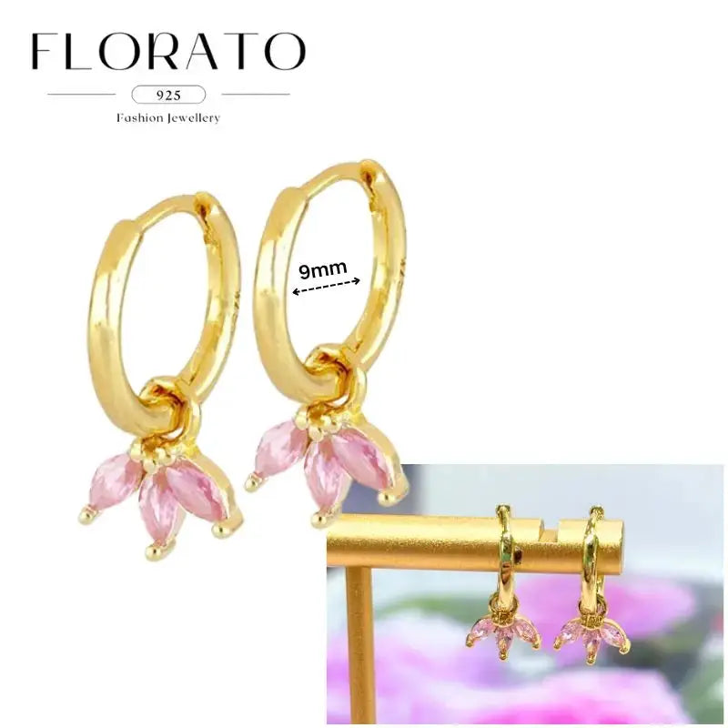 Hoop earrings Florato 925 gold-tone with pink zircon petal drops, pair