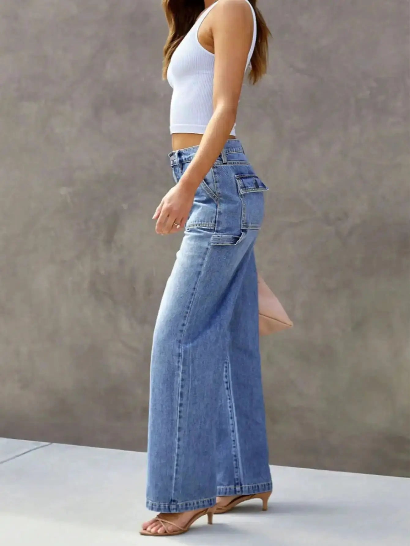 Women's Light Blue Wide Leg Jeans Straight Leg Denim Pants Fit