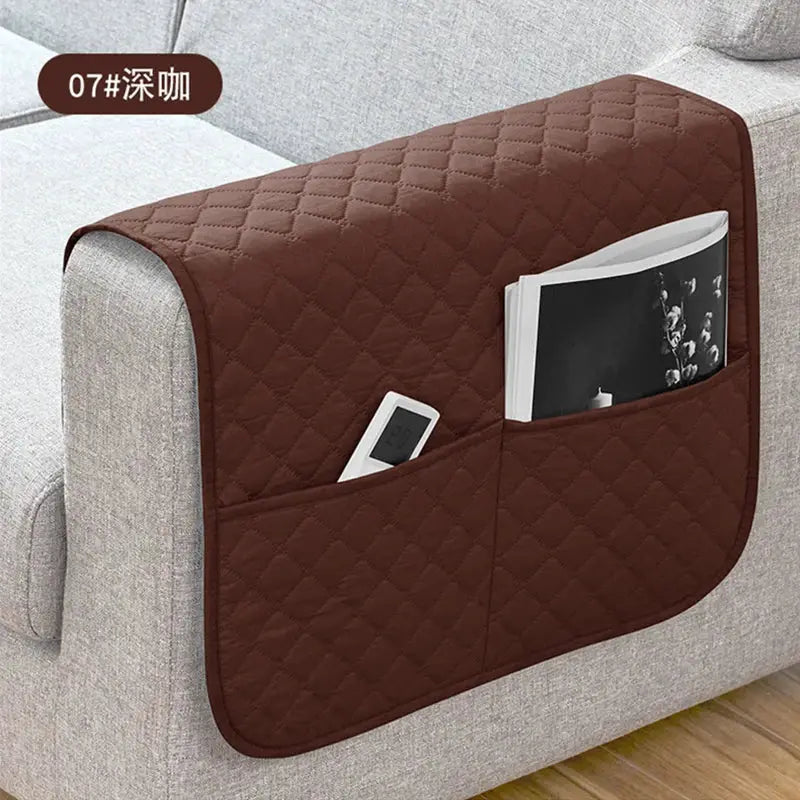 Simples Market brown quilted sofa armrest cover with 2 pockets for remote and magazine, water-repellent