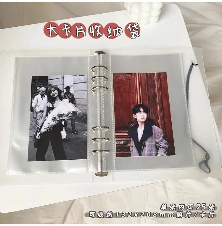 Yoofun A5 binder storage with transparent photo sleeves; Simples Market brand, two idol photos shown