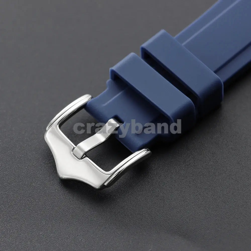 Blue silicone watch strap with a silver buckle