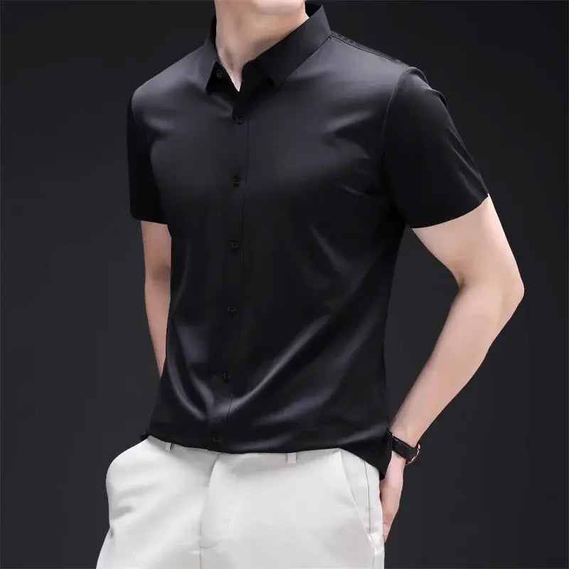 Mens Business Casual Short Sleeved Solid Color Shirt Wrinkle Resistant Wrinkle Free Comfortable All Season Versatile Top