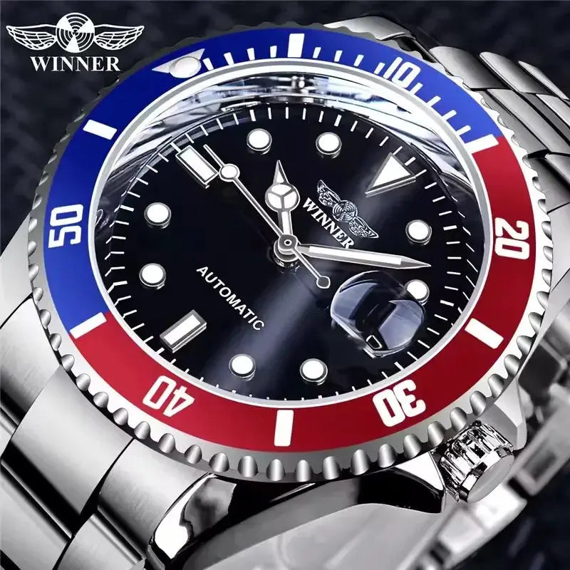 Winner 002 Automatic Mechanical Wristwatch Luminous Hands And Date Display Stainless Steel And Leather Strap For Men