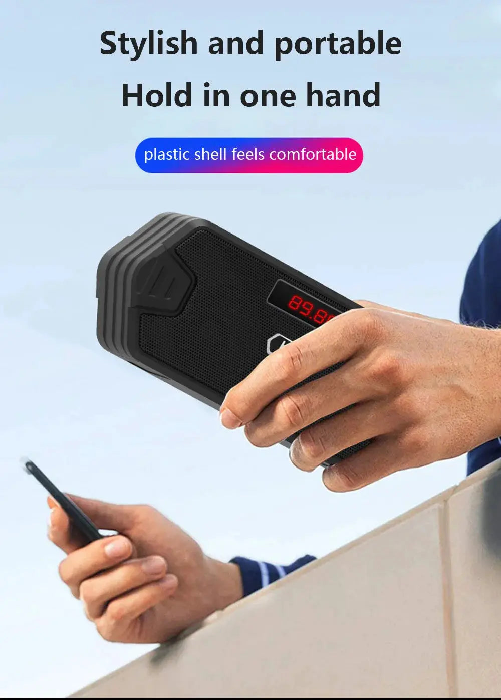 Bass Hifi outdoor portable Bluetooth speaker by Simples Market with FM radio, aux input, black plastic shell