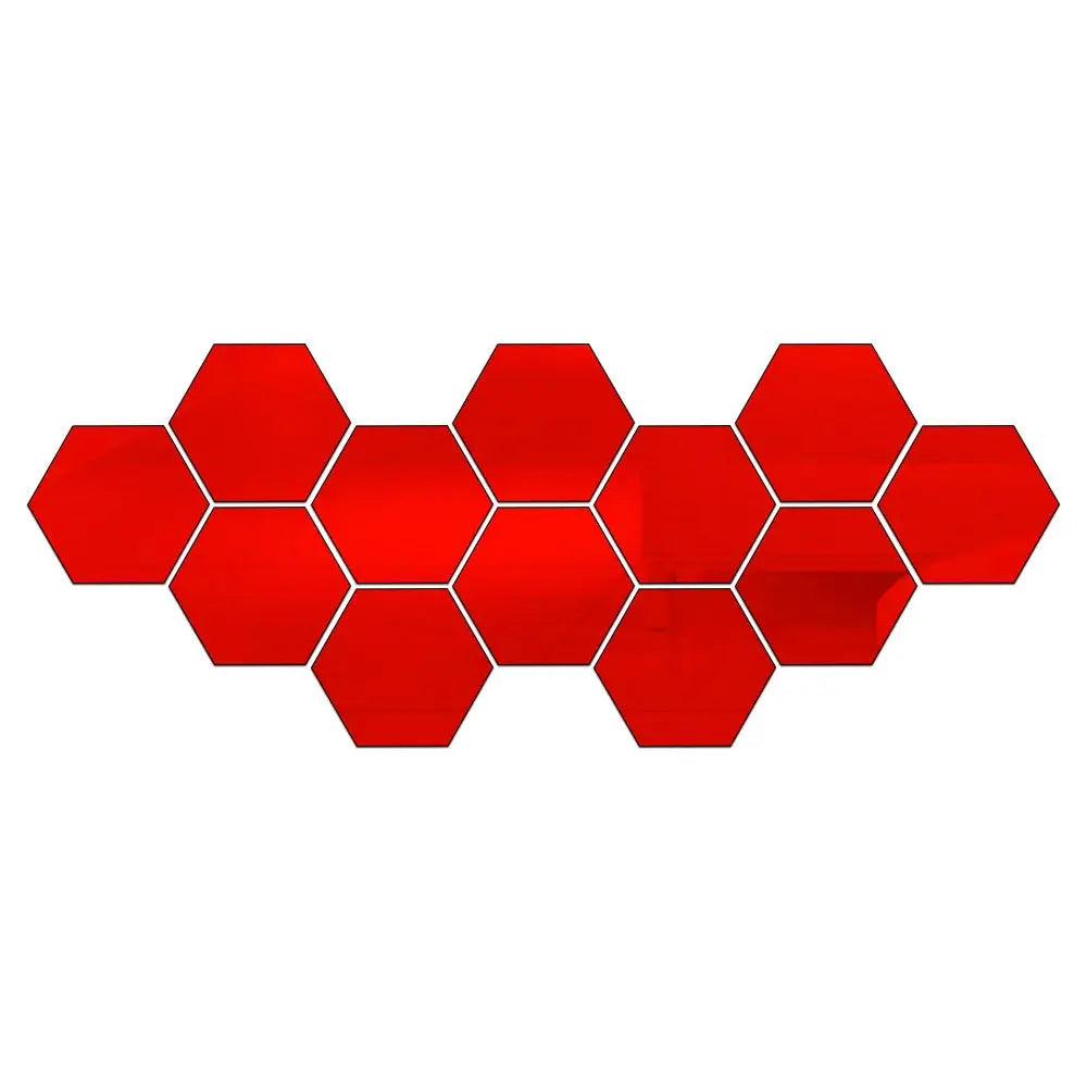 12pcs red hexagon 3D mirror wall decals, self-adhesive 126mm tiles for home décor