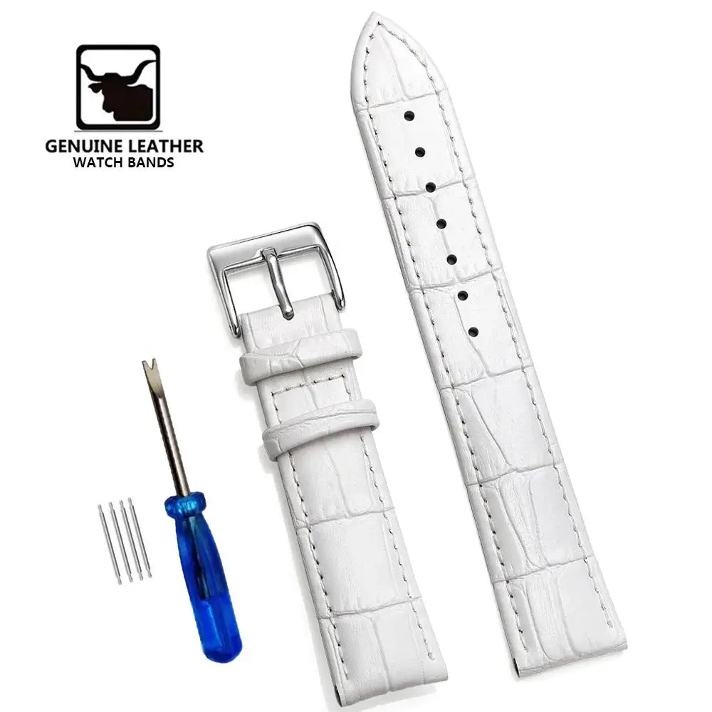 Two white genuine leather watch bands with buckle, includes tool and spare pins for 12–24 mm.