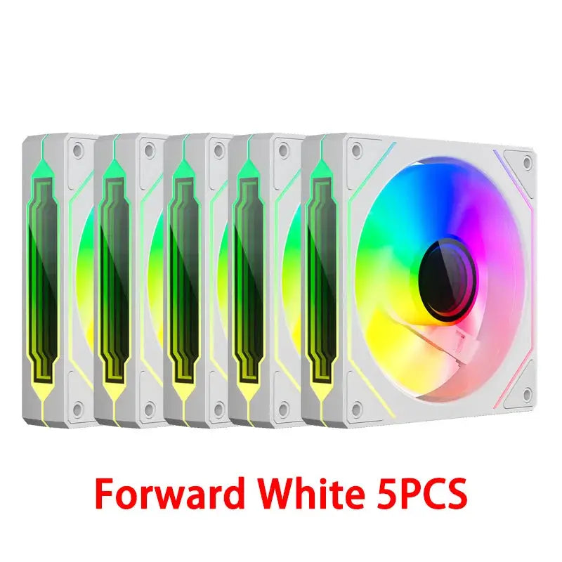 Simples Market TEUCER LJ-4Pro ARGB 120mm white PC case fans set of 5, 4-pin PWM, mirror cycle RGB lighting, low-noise cooling.