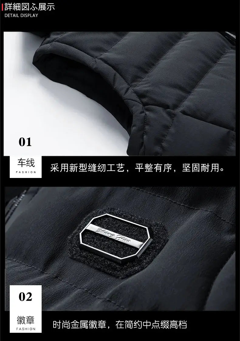 New Hooded Casual Vest Jacket for Men by Simples Market, black quilted sleeveless waistcoat with a metal logo badge.