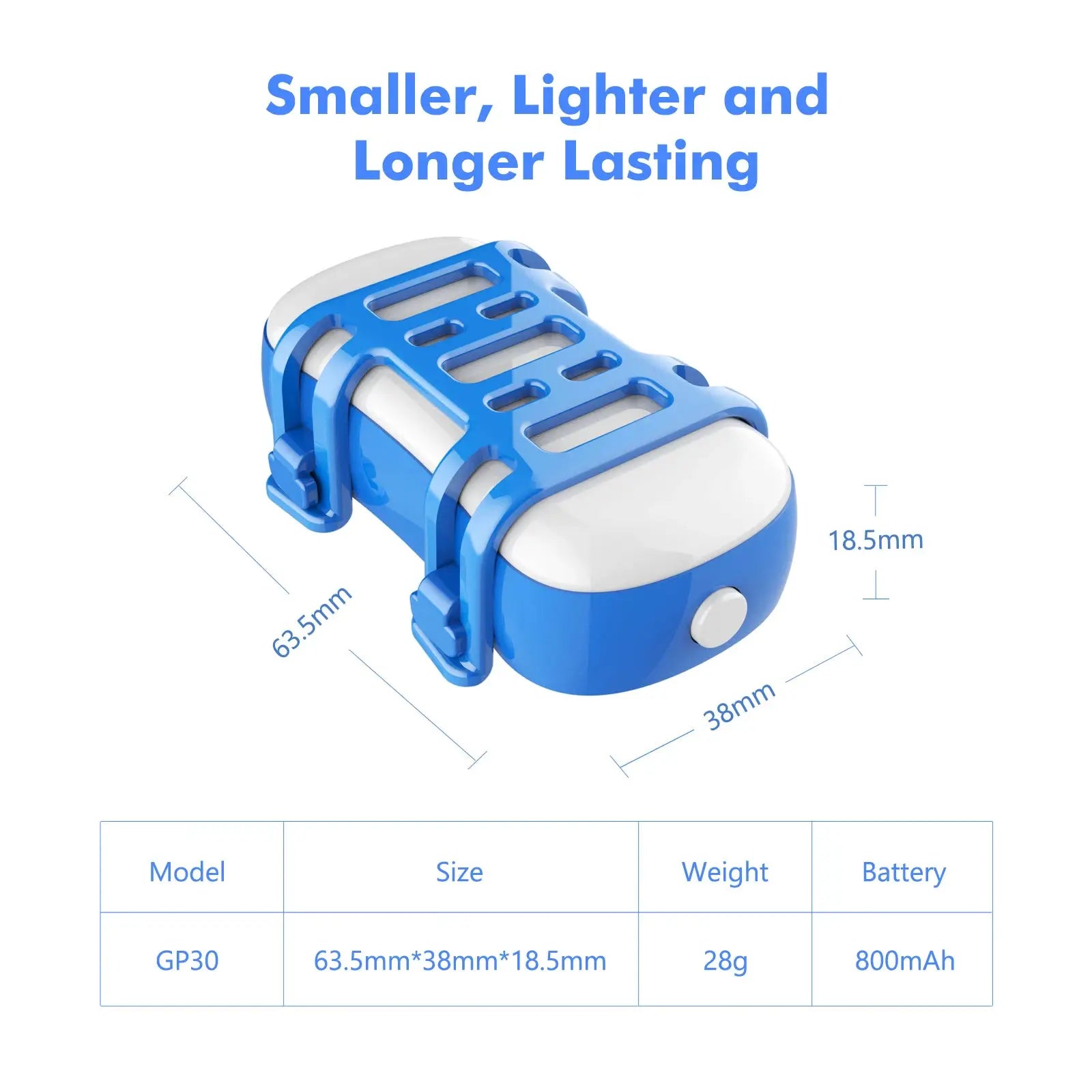 GPS Pet Tracker GP30 blue device; compact pet locator with dimensions 63.5mm × 38mm × 18.5mm