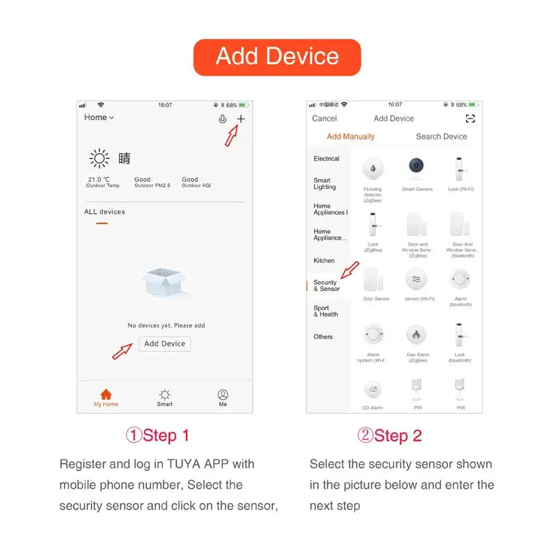 Tuya WiFi Water Leak Detector app setup screens showing Add Device and Security & Sensor category