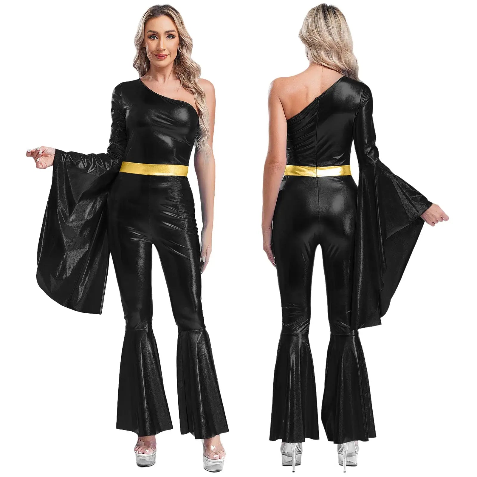 Womens black metallic jumpsuit with gold belt, one-shoulder cape-sleeve top and flared pants
