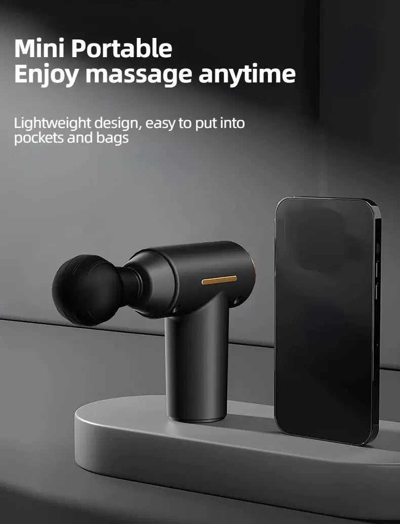 Portable mini massage gun, black handheld vibration massager with compact design