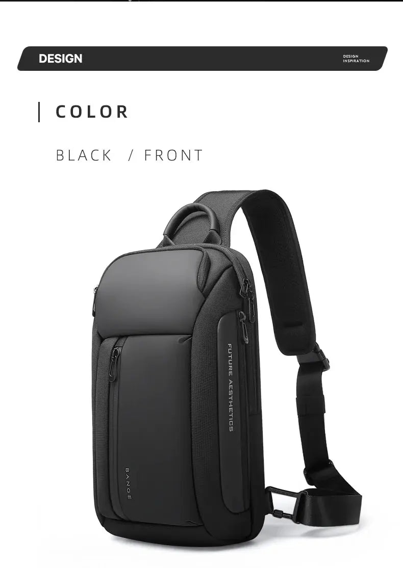Chest bag BANGE, black/gray Oxford waterproof crossbody with padded front and multiple zip pockets