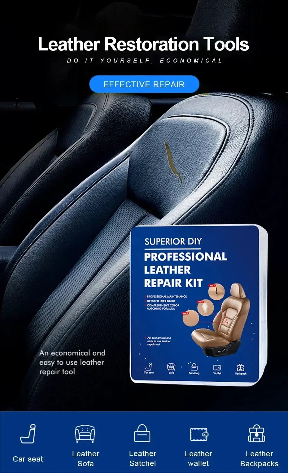 Professional Leather Repair Kit for car seats in a blue box.
