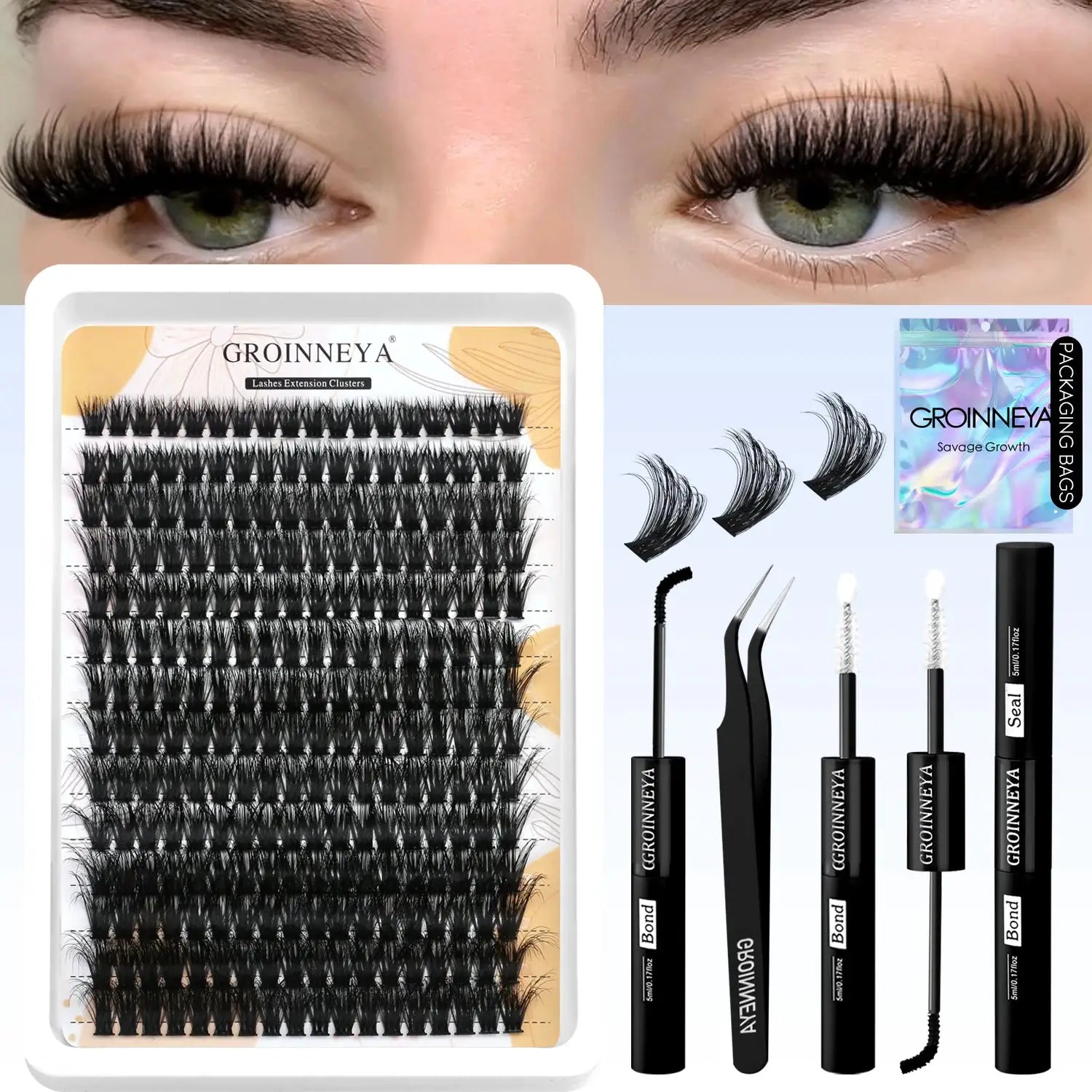 GROINNEYA Lash Clusters Kit Waterproof Strong Hold DIY Lash Extension Kit Bond And Seal Eyelash Tweezers Makeup