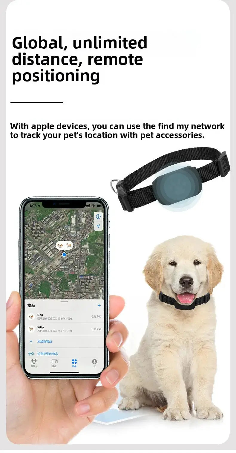 Remote pet GPS tracker collar by Simples Market; black strap, waterproof, real-time tracking with Apple Find app.