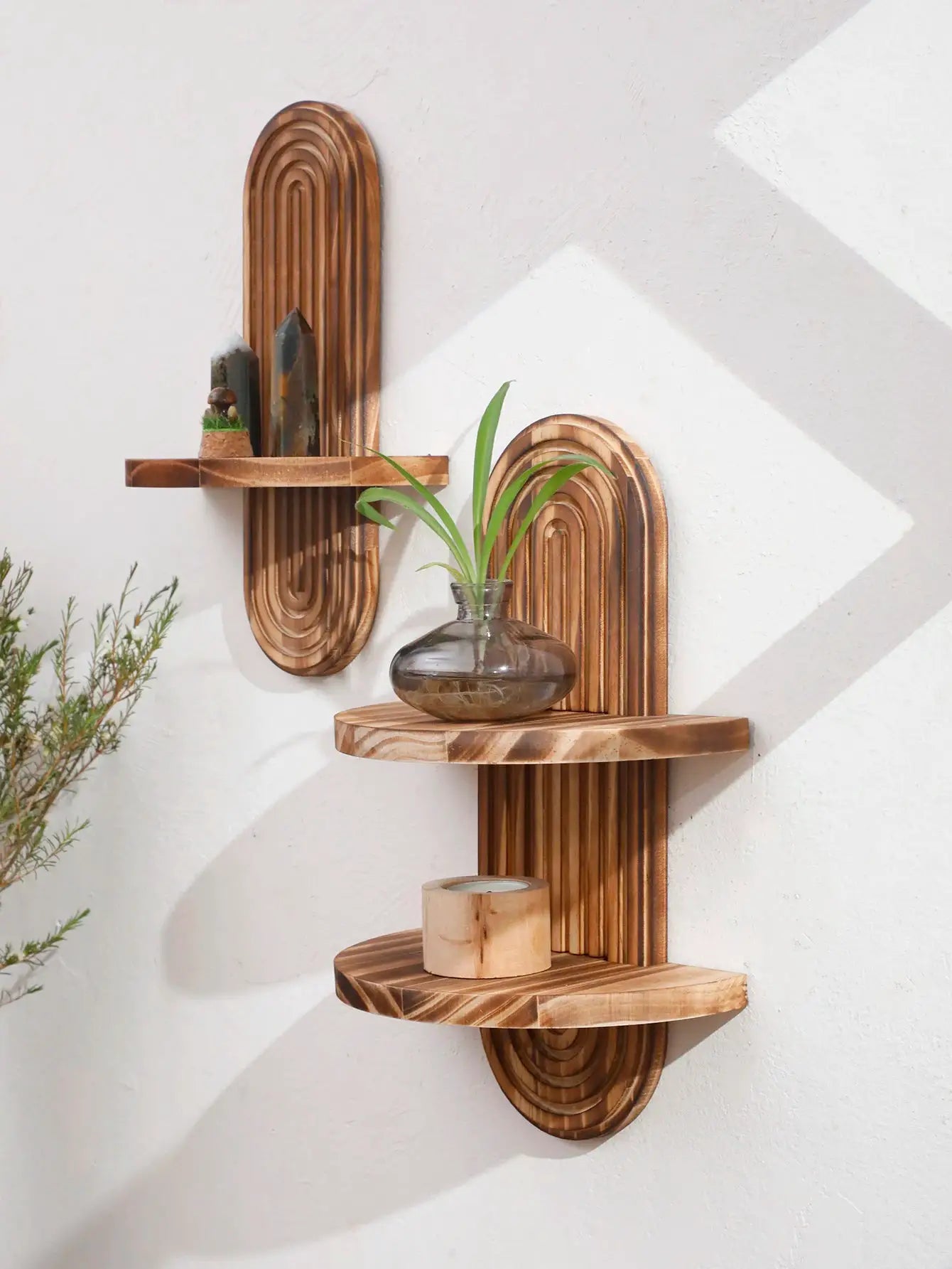 1pc boho-style wooden wall shelf with geometric arches, natural wood finish, wall-mounted decor