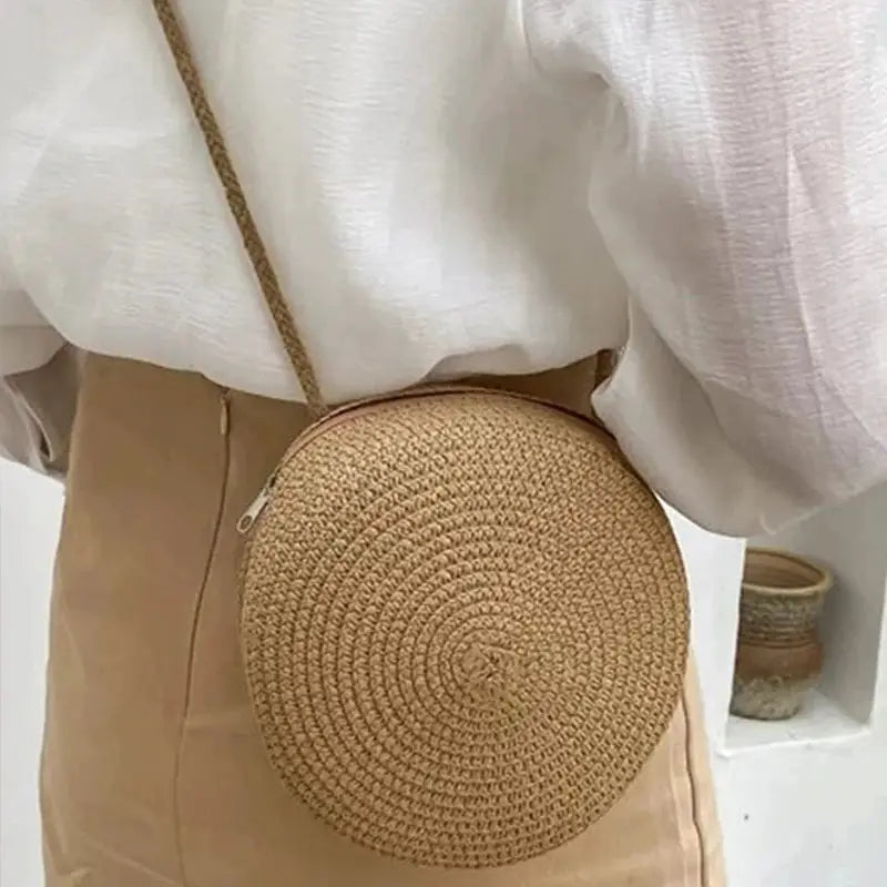 Summer Round Straw Bag for Women Handmade Woven Shoulder Bag Travel Rattan Beach Crossbody Bag