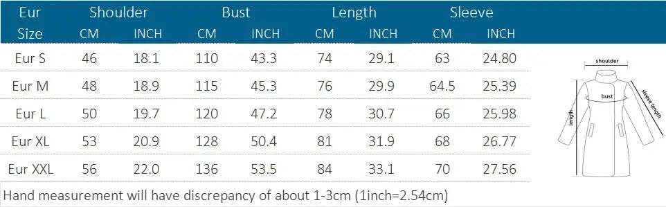 Simples Market men's double-breasted wool coat size chart with Eur S–XXL measurements diagram