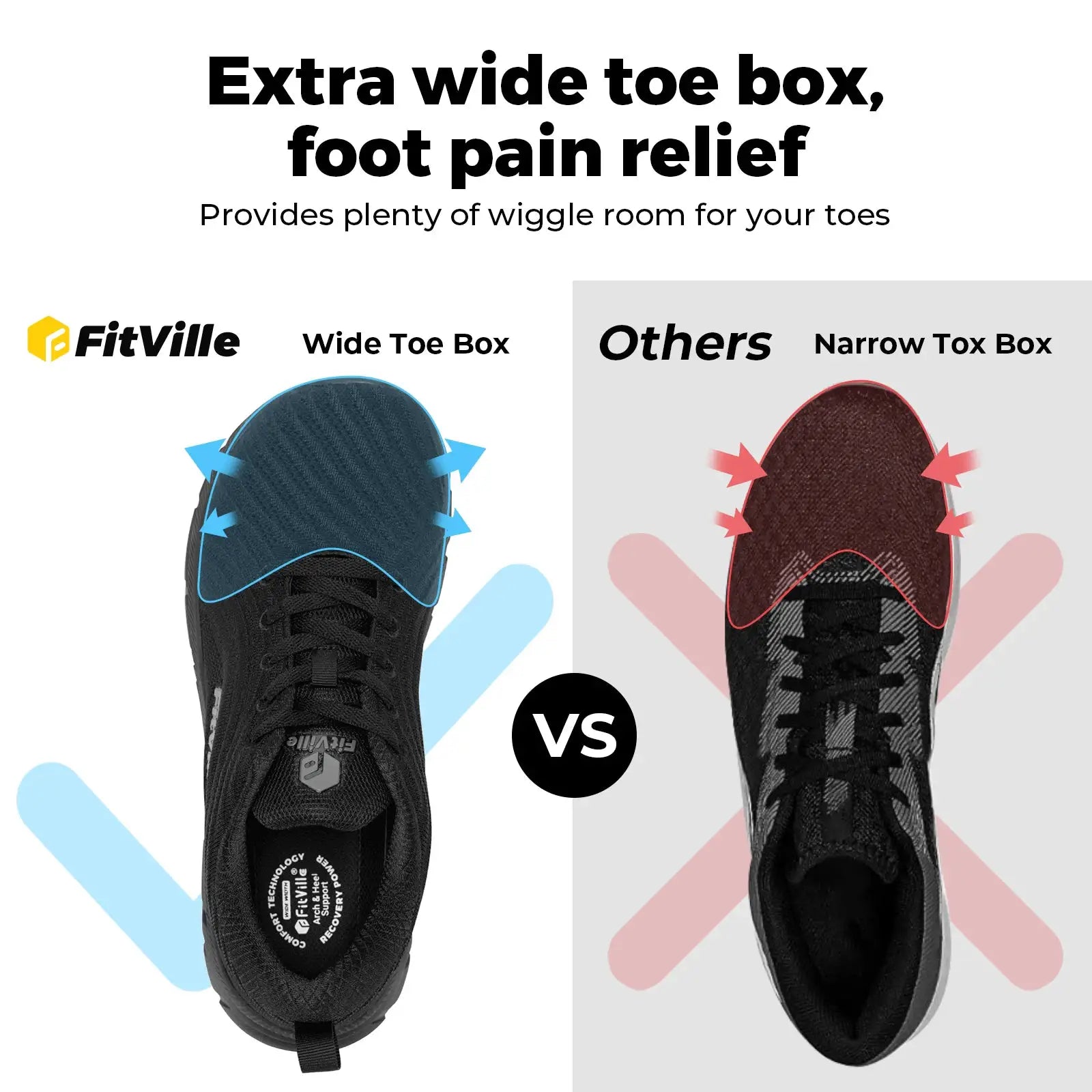 FitVille wide toe box men's running shoes pair, black, cushioned, extra-wide, non-slip, lightweight by Simples Market