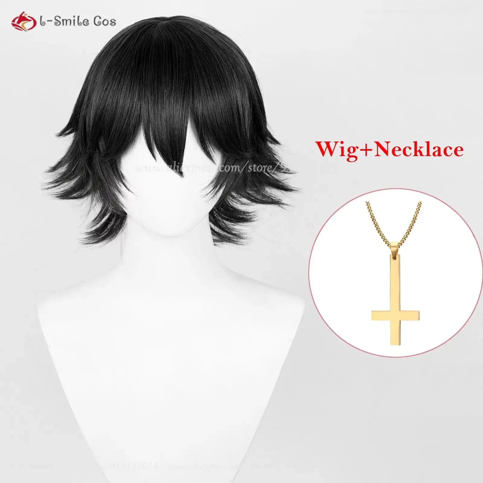 Cosplay wig, black short style (Shizuku Murasakii), heat-resistant synthetic hair with gold cross pendant necklace