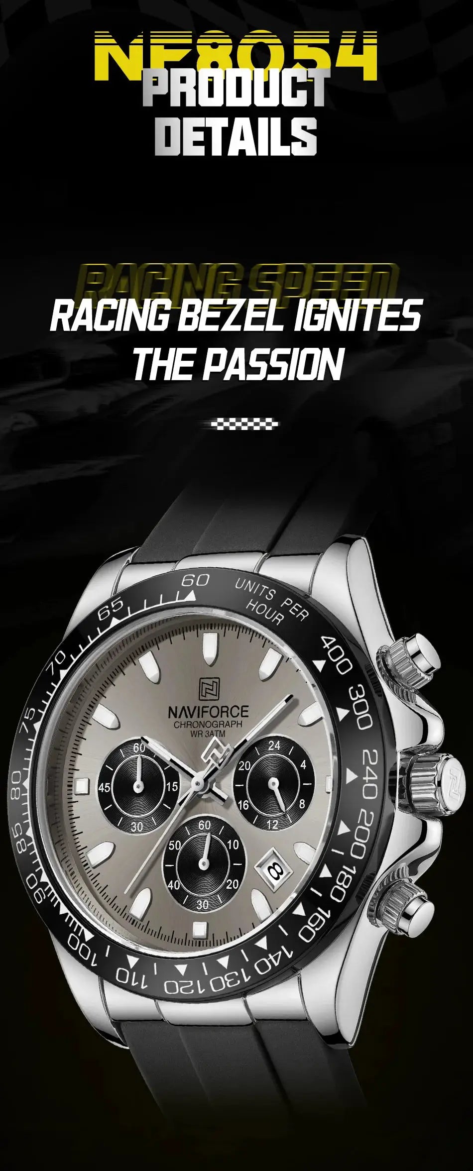 NAVIFORCE casual men's watch with silicone strap, stainless steel case, silver dial and black tachymeter bezel