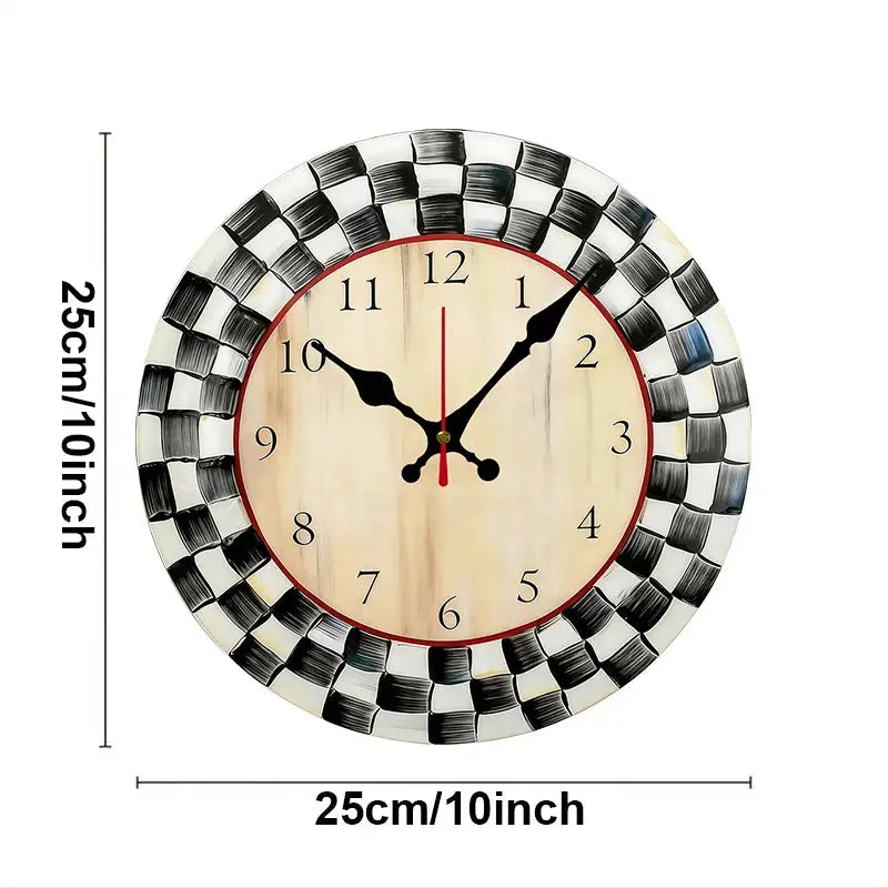 Wall clock by Simples Market; round 25cm, black-and-white checker wooden frame with beige dial and red second hand.