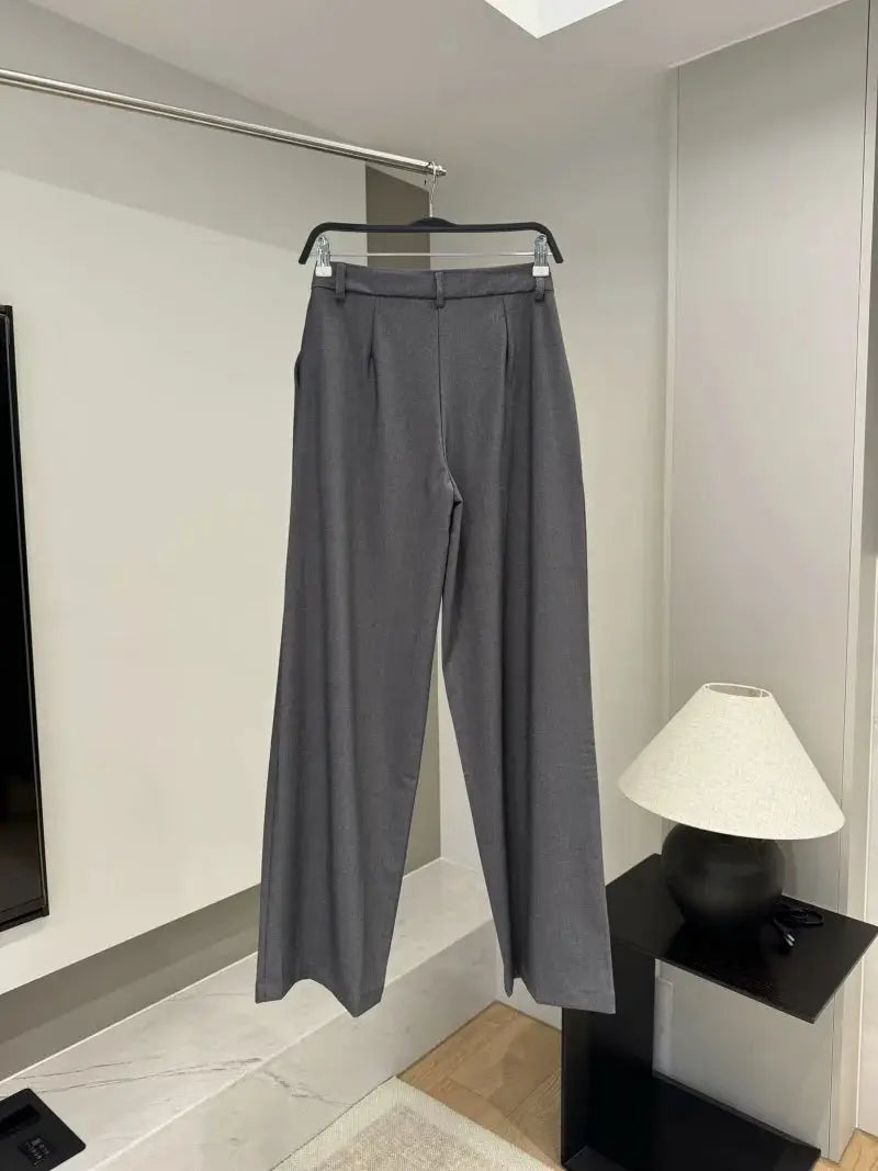 Suit pants, gray, high-waisted pleated wide-leg, on hanger