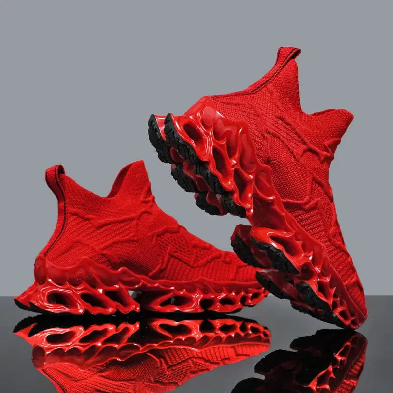 Pair of red knit sneakers with sculpted red and black outsole, breathable casual running shoes