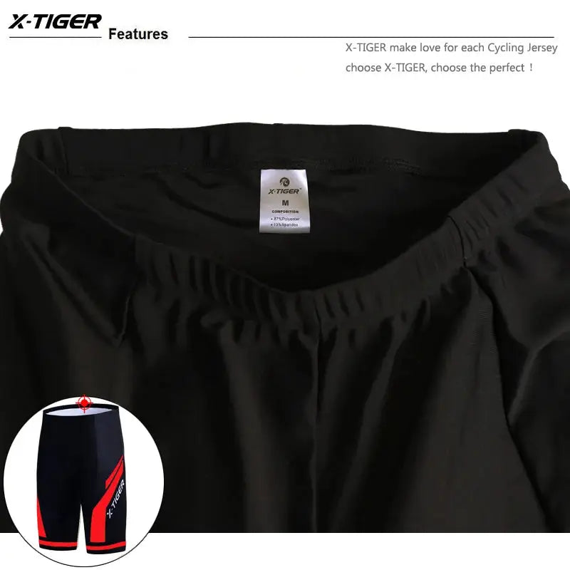 X-TIGER men's cycling shorts with gel pad and anti-slip leg grips; black main, inset navy shorts with red accents.