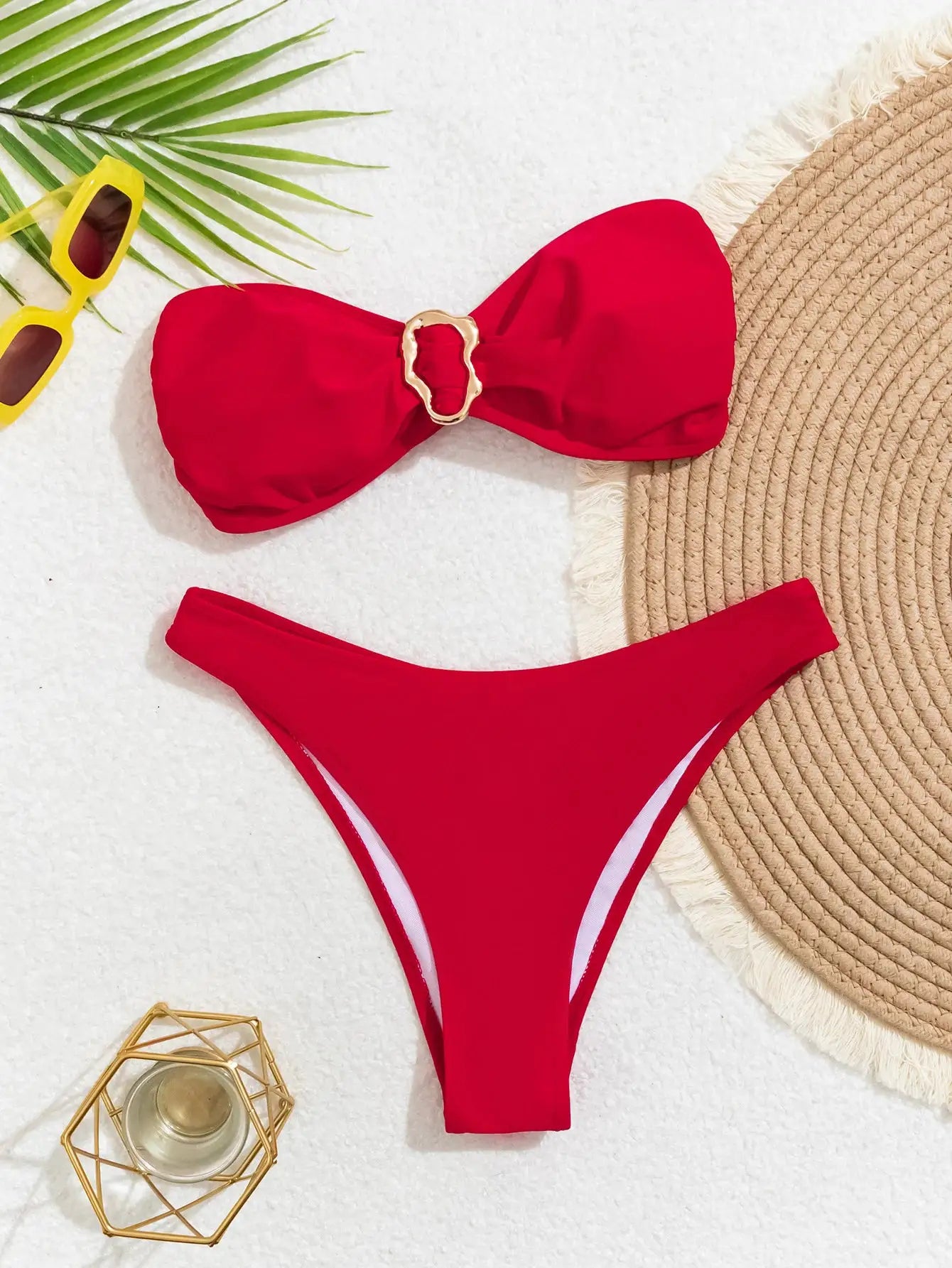 Red two-piece Sexy Bandeau Push-Up Bikini Set with gold ring detail; Simples Market Brazilian thong swimwear for women