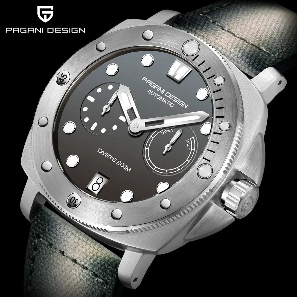 PAGANI Design men's automatic dive watch, black dial, stainless steel case, 200m water resistant, AR sapphire lens.