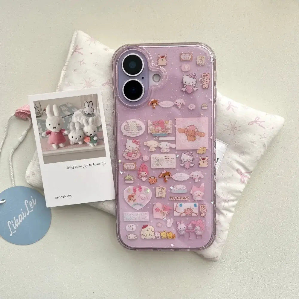 Hello Kitty Melody pink lilac phone case with pendant bracelet, clear back, cute stickers for iPhone 14–17 Pro Max