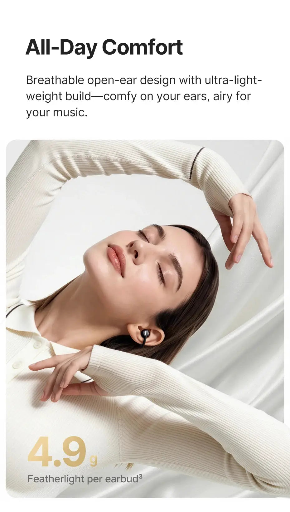 Baseus Bowie MC2 AIR clip-on TWS earphones with black open-ear earclips worn by a model