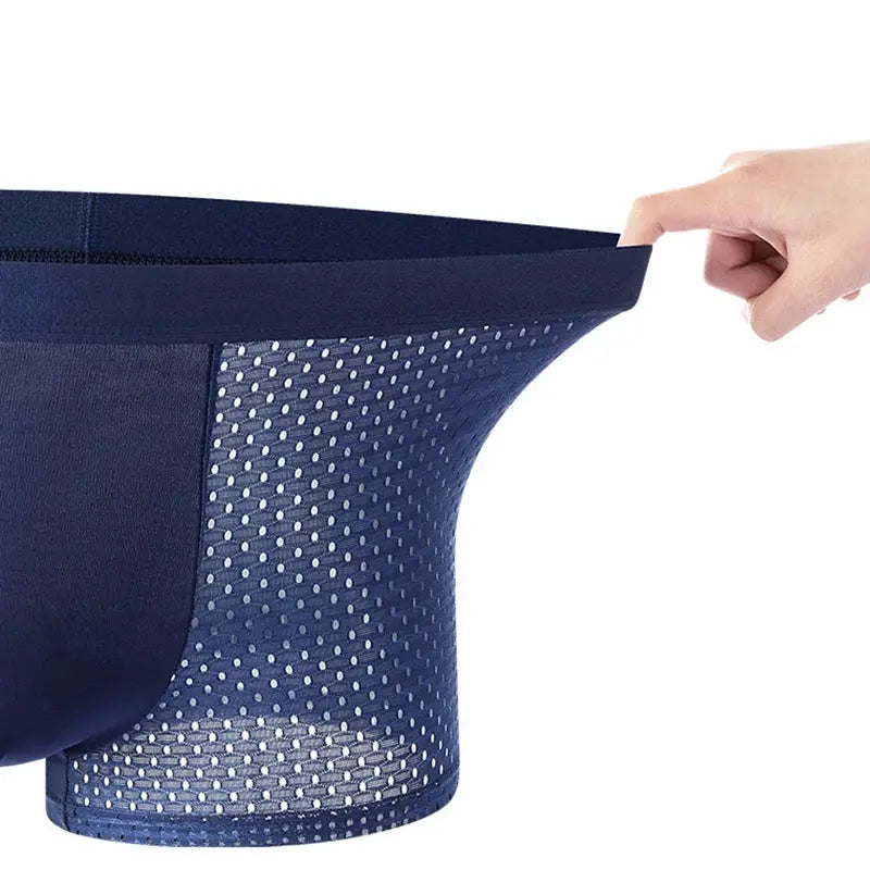 Men's boxer briefs in navy blue with breathable ice-silk mesh panel.