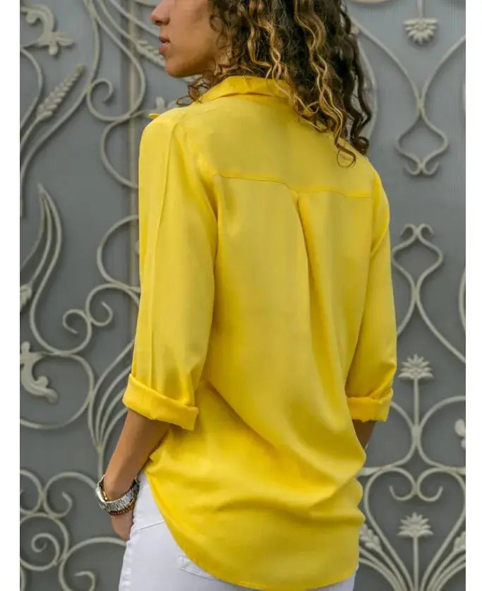 Autumn Shirt yellow blouse, women's button-up with rolled sleeves, loose fit, Simples Market