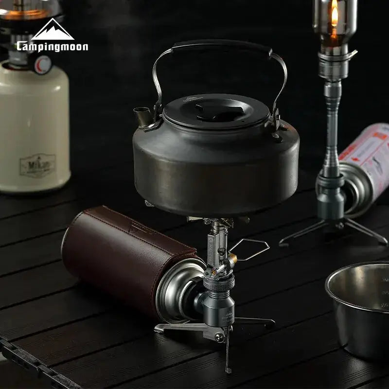 CampingMoon XD-2F outdoor portable gas stove with kettle, black metal; logo visible