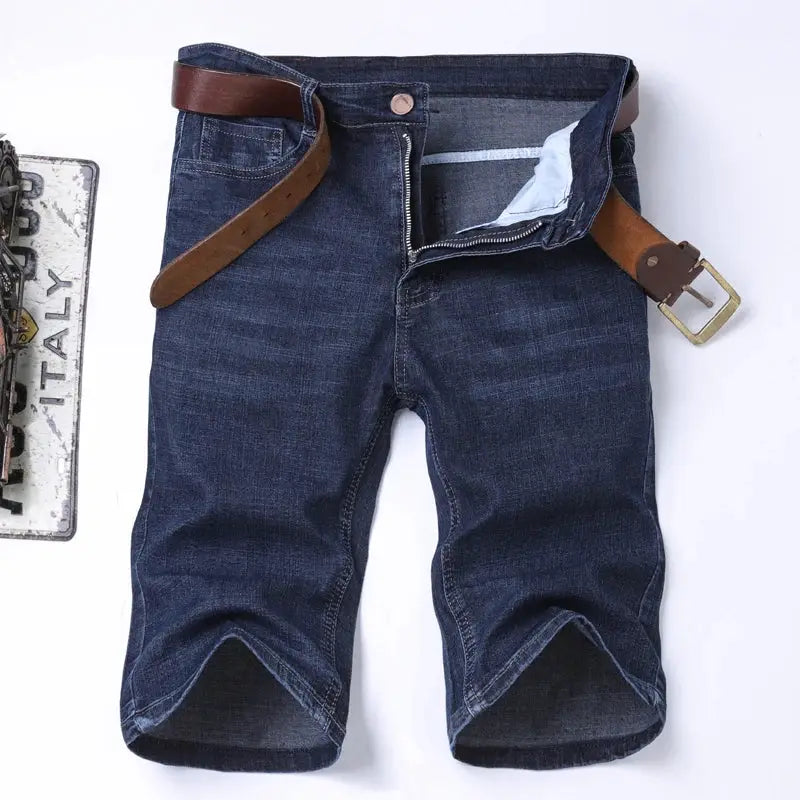 Simples Market men's slim denim shorts with brown belt and dark blue wash
