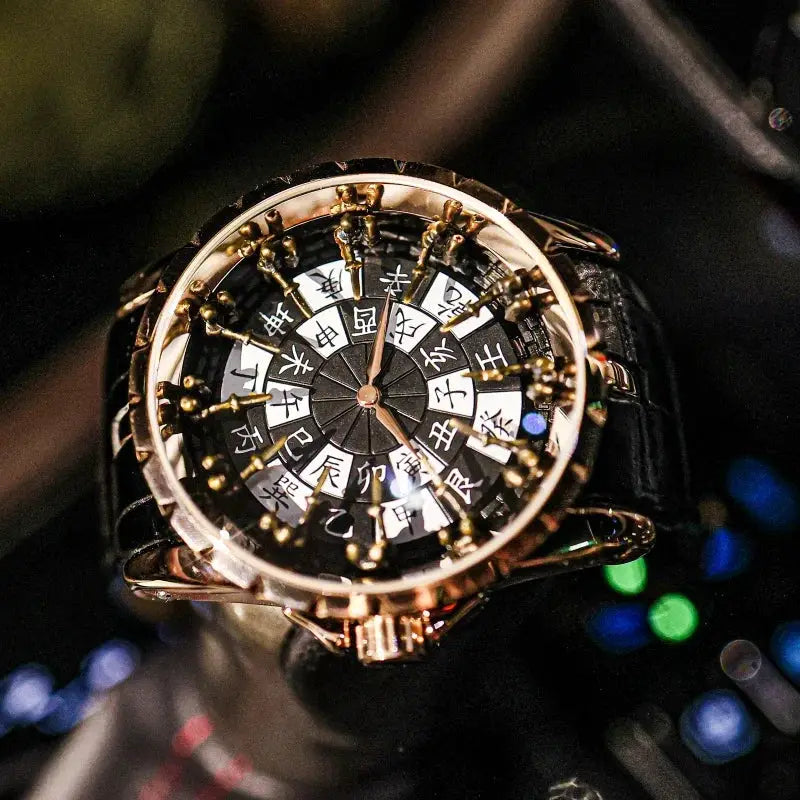 Quartz men's watch with black dial, gold-tone case, and leather strap; knight figures around the dial.