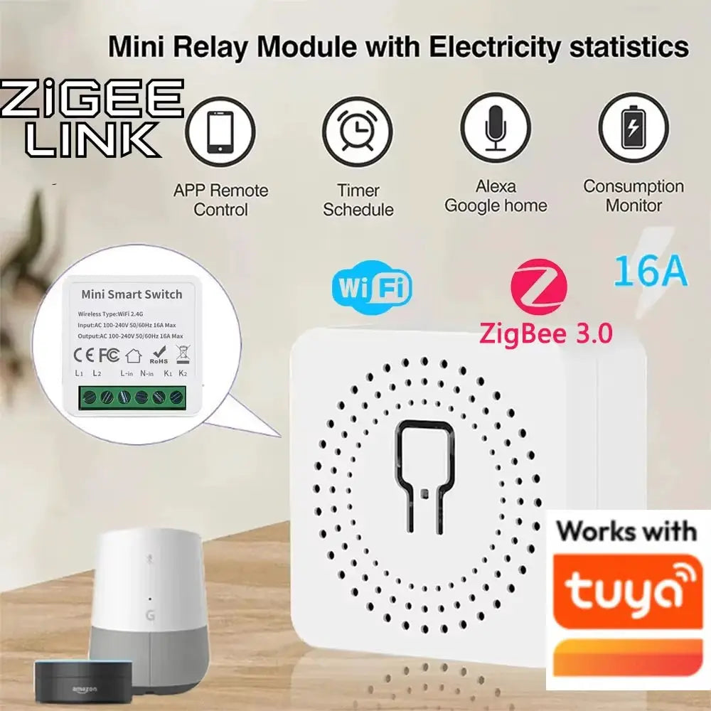 Smart ZigBee 3.0 WiFi switch relay, white, 16A/20A timer, 2-way control, Simples Market, Tuya compatible