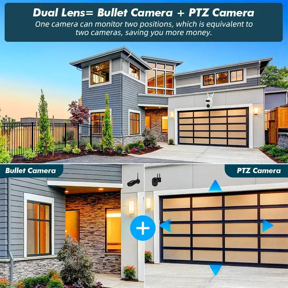 KERUI outdoor dual-lens security camera system with bullet + PTZ, black cameras on a modern home exterior
