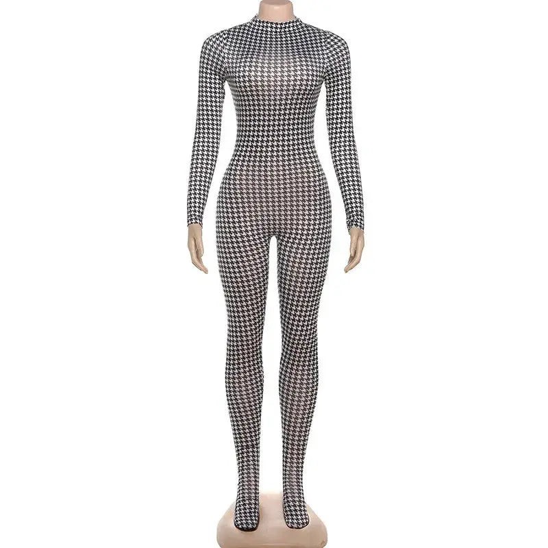 Shestyle plaid bodycon jumpsuit, long-sleeve turtleneck, black-and-white houndstooth pattern