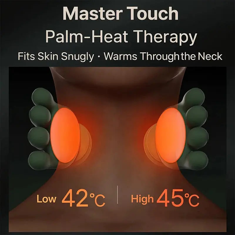 Simples Market neck and shoulder massager with palm-heat therapy, featuring orange heat pads and green kneading nodes