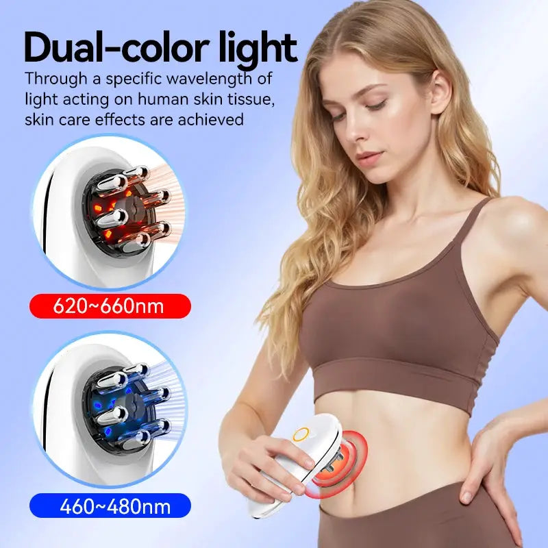 Face and body sculpting massager with two LED light heads (620–660nm and 460–480nm)
